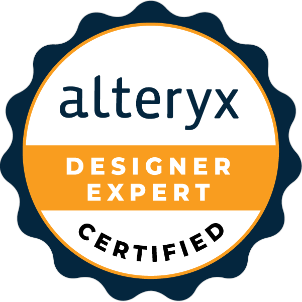 Official badge representing Alteryx Designer Expert certification, highlighting advanced analytics training proficiency.
