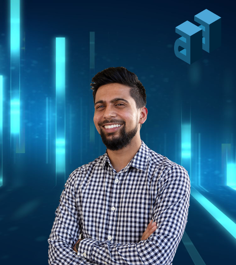 Portrait of Marouf Malik, CEO and Lead Alteryx Trainer at AltStep Academy, with a digital blue background symbolizing advanced analytics.